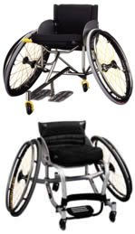 Image of RGK 3 Wheel Tennis Chair (Top). Below the 4 wheel 'Quickie Match Point'
